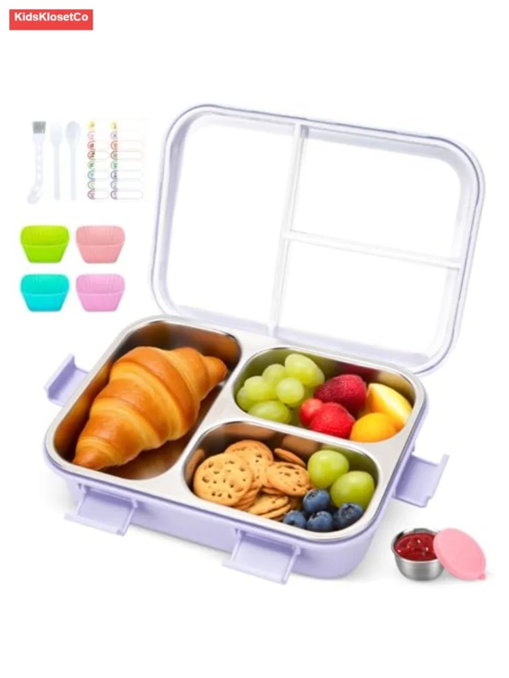 Kids Stainless Steel Lunch Box 3 Compartments Leakproof Metal Bento Set with